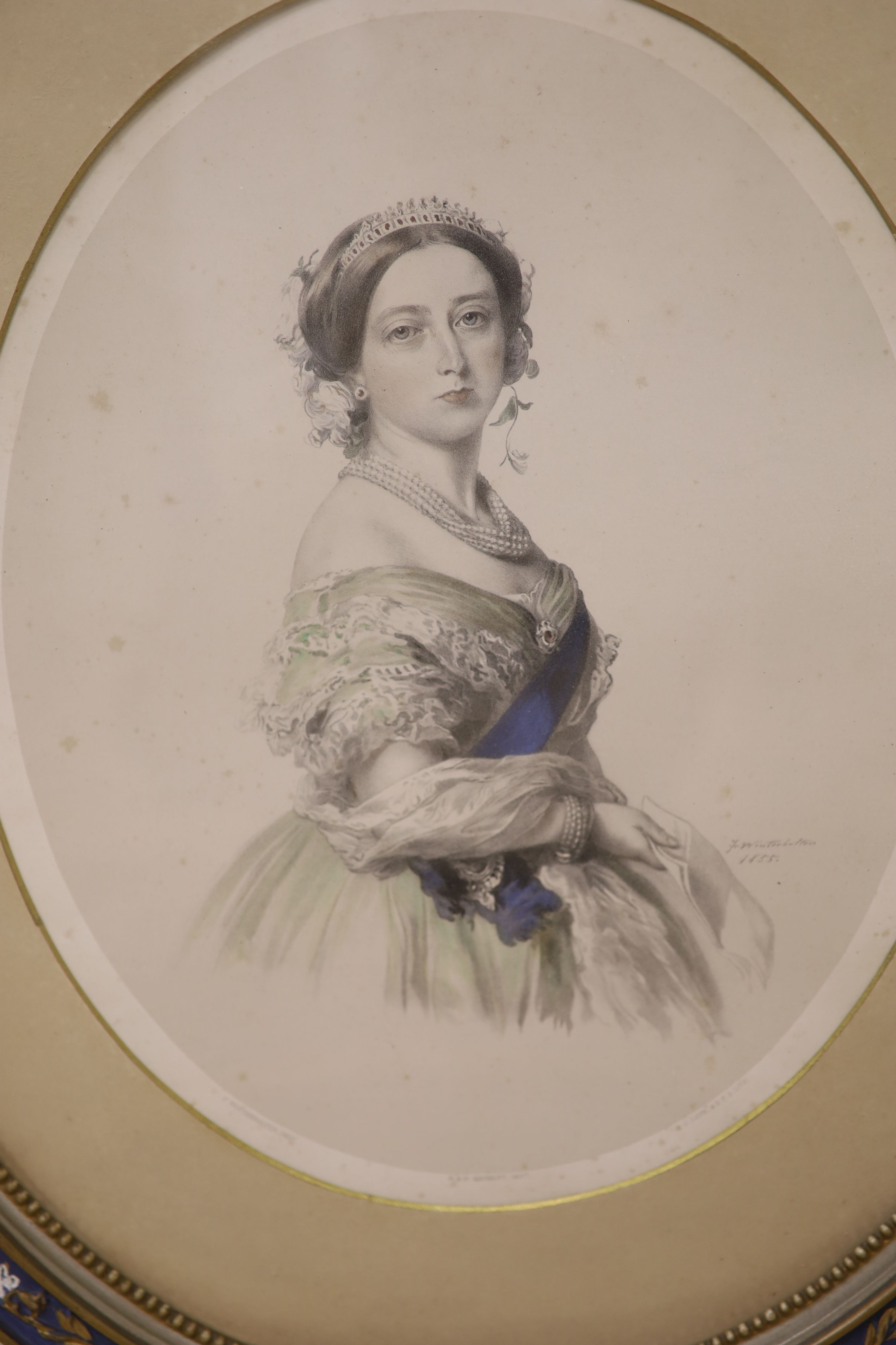 After Winterhalter, coloured lithograph, Portrait of Queen Victoria 1855, 39 x 31cm, and a pair of engravings, The Afright and The R